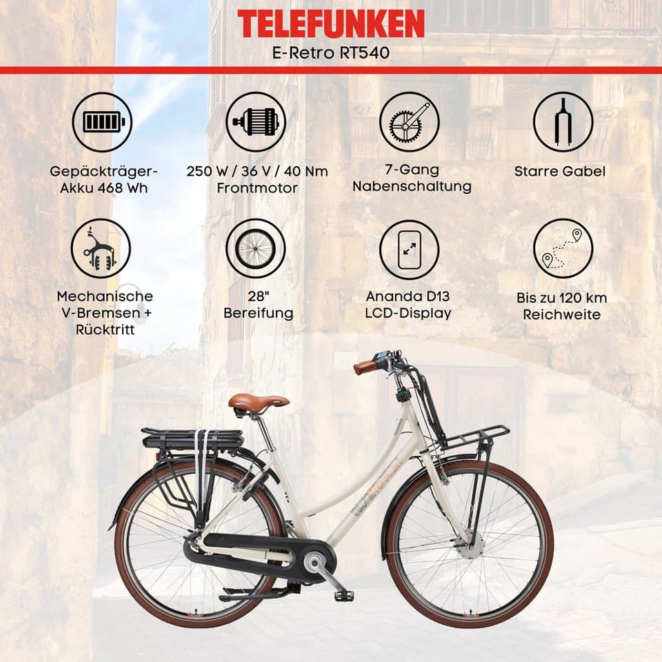 Telefunken E-Bike Cityrad Multitalent RT540, 7 Gang Shimano Nexus Schaltwerk, Nabenschaltung, Frontmotor, 468 Wh, Pedelec, Elektrofahrrad für Damen u. Herren - Thumbnail 5