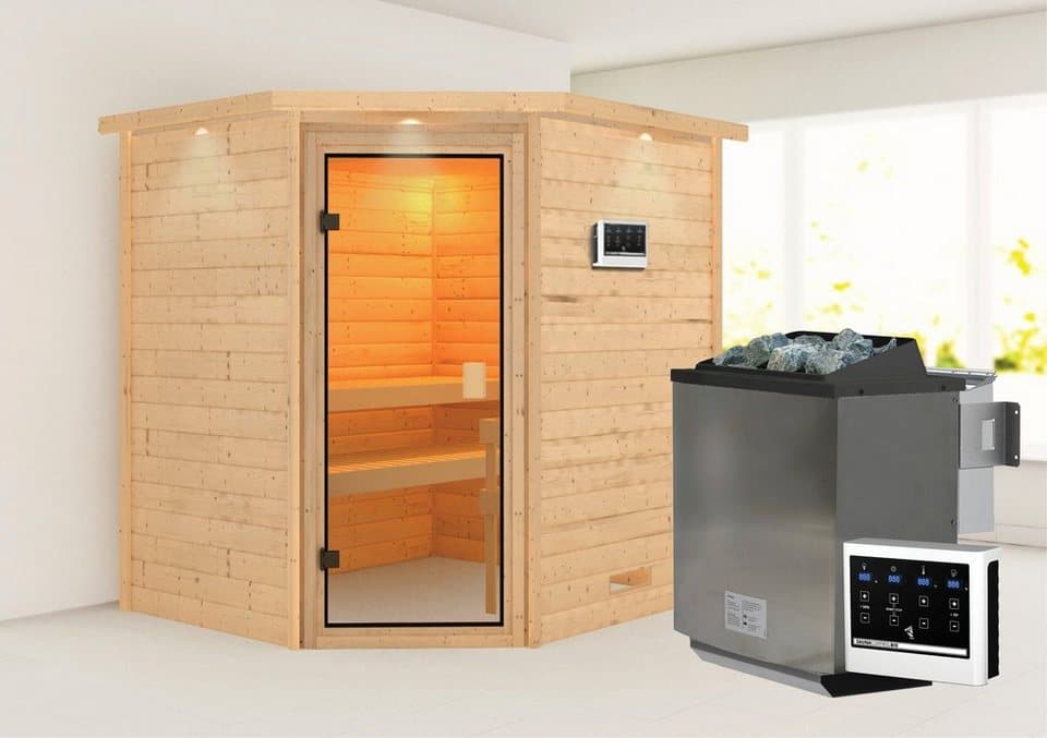 Karibu Sauna Mia (Fronteinstieg), BxTxH: 2240 x 1840 x 2020 cm, 38 mm, Ofen 9 kW Bio externe Strg easy