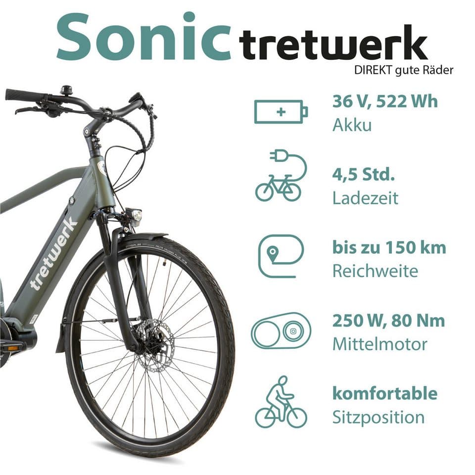Tretwerk E-Bike Trekkingrad Sonic, 8 Gang Shimano Acera M3020 SGS Schaltwerk, Kettenschaltung, Mittelmotor, 522 Wh, Pedelec, Elektrofahrrad für Damen u. Herren - Thumbnail 3