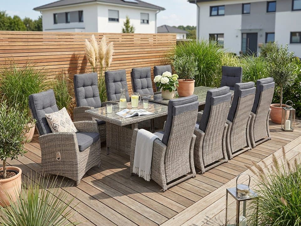 KONIFERA Garten-Essgruppe Monaco, (Set, 31-tlg., 10x Sessel, 1xTisch 200-366x100x75,5cm, inkl. Auflagen, Polyrattan,Alu), Rückenlehne verstellbar, Tischplatte aus 5mm starkem Sicherheitsglas - Bild 1