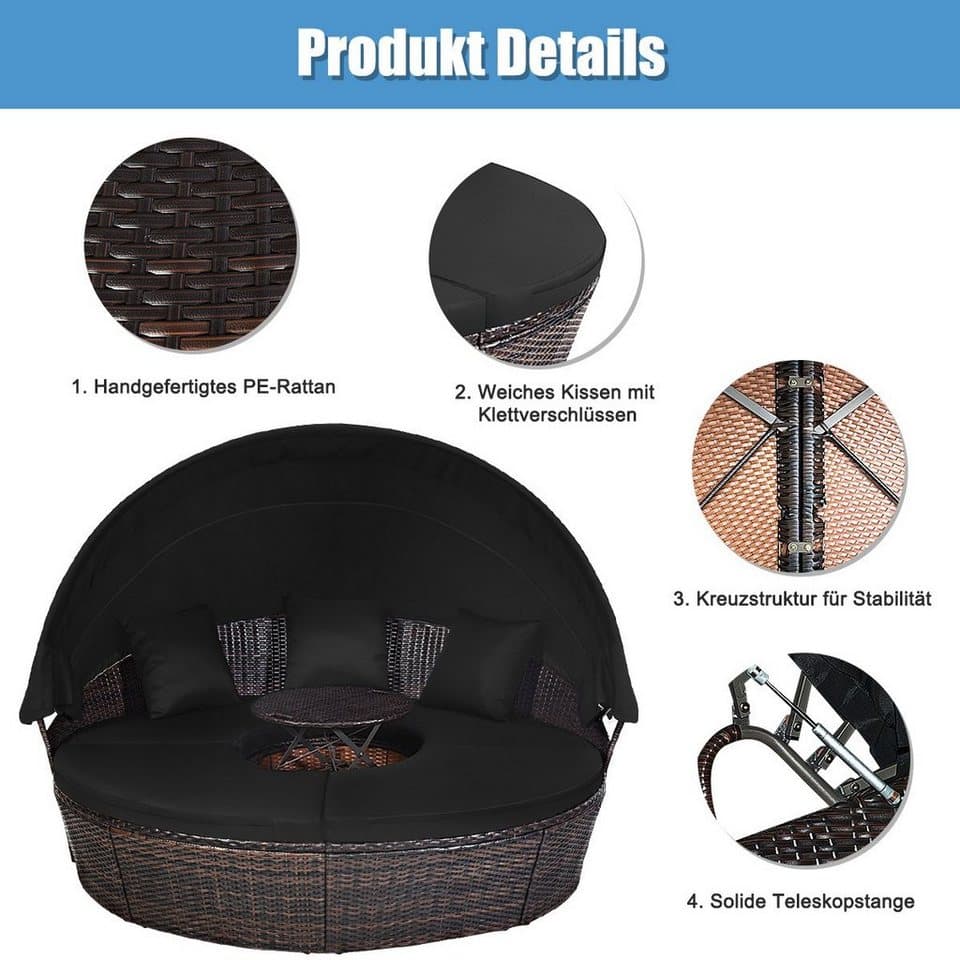 COSTWAY Sonneninsel mit einziehbarem Dach, outdoor, Gatrenlounge Rattan, Kissen, rund - Thumbnail 3
