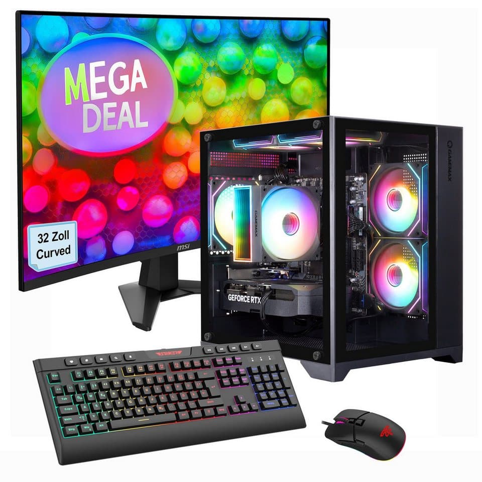 GAMEMAX MegaDeal Infinity Mini 2633 Ryzen 5 7500F RTX 5060Ti 32GB DDR5 1TB SSD PC-Komplettsystem (32", AMD Ryzen 5 7500F, RTX 5060 Ti, 32 GB RAM, 1000 GB SSD, Windows 11, DDR5 RAM + MSI MAG 32C6 Curved Monitor, 80cm (32) - Bild 1