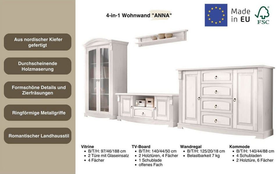 OTTO home Wohnwand Anna, (Set, 4-St), aus massiver Kiefer, FSC®, im romantischen Landhausstil - Thumbnail 3