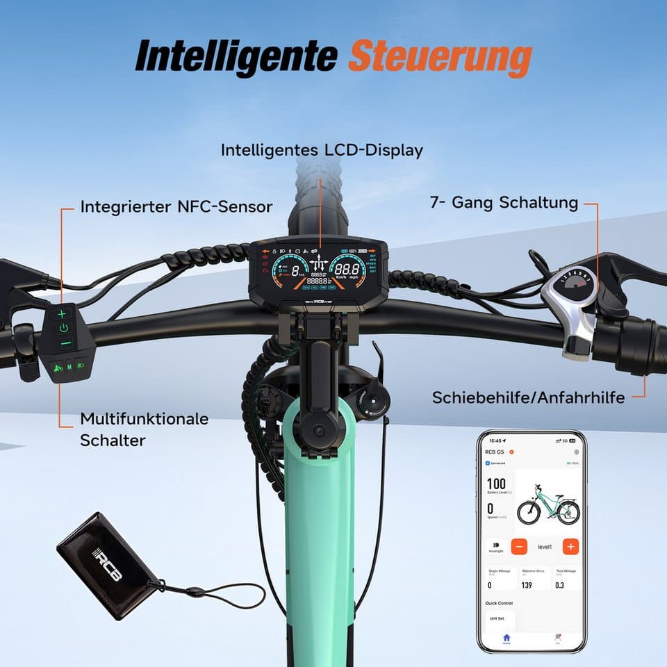 RCB E-Bike Pedelec G5 für Stadt und Gelände,27,5Zoll Herren Elektrofahrrad,13Ah,60-100 km, 7 Gang, Kettenschaltung, Heckmotor, 468 Wh, APP&NFC,ebike Herren,Gepäckträger hinten,max. Geschwindigkeit: 25 km/h - Thumbnail 5