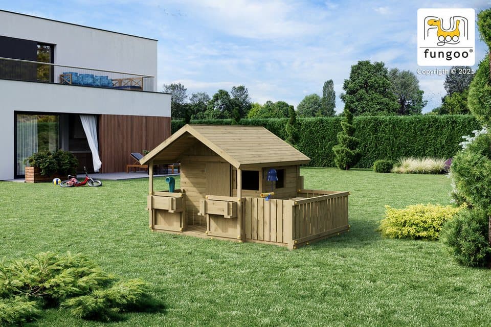 FUNGOO Spielhaus SUNNY BANDCORNER, mit großer Terrasse und Picknicktisch, Tafel, Periskop - Thumbnail 10