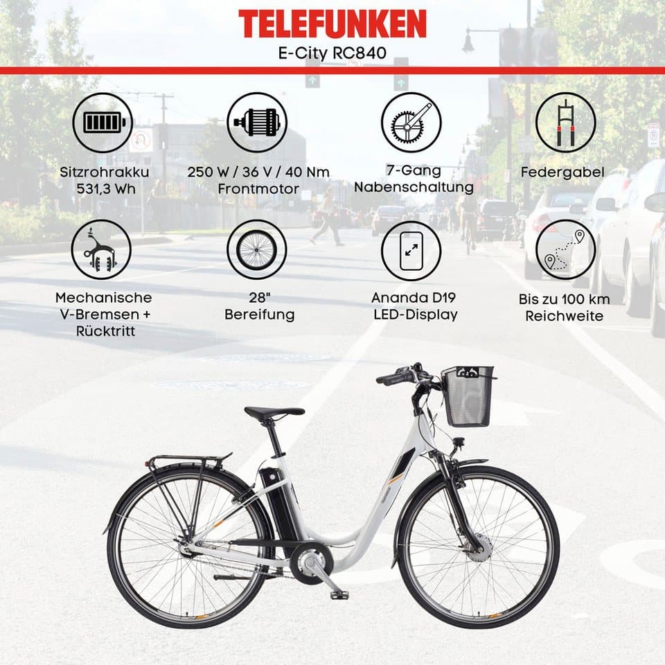 Telefunken E-Bike Cityrad Multitalent RC840, 7 Gang Shimano Nexus Schaltwerk, Frontmotor, 531,3 Wh, Pedelec, Elektrofahrrad für Damen u. Herren - Thumbnail 4