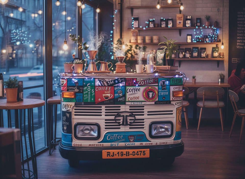 SIT Bartisch Tokio LKW-Theke aus Altholz & Metall – Unikat im Industrial-Design, Recycelte Tata-LKW-Front mit Ablage & Flaschenhalterungen - Thumbnail 2