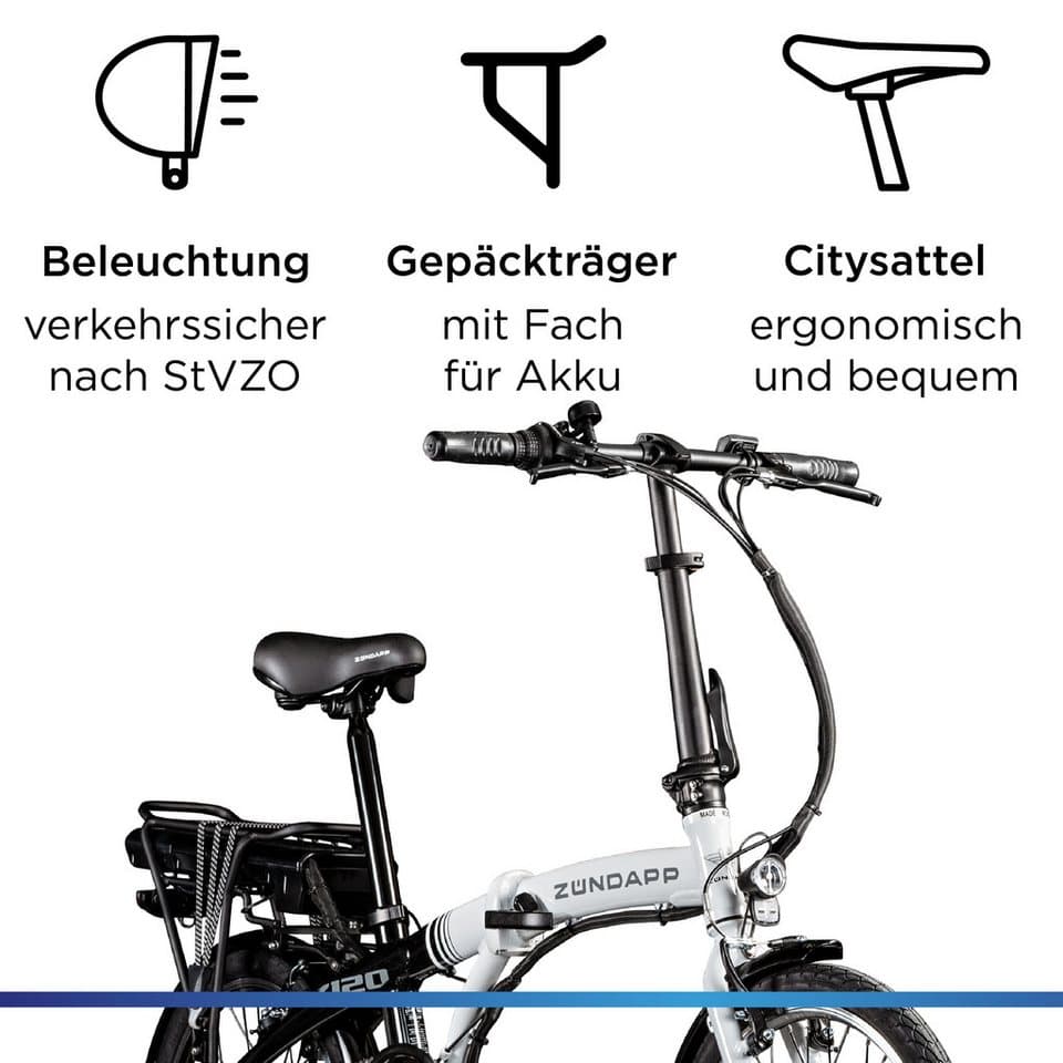 Zündapp E-Bike Klapprad Z120, 7 Gang Shimano Tourney Schaltwerk, Kettenschaltung, Heckmotor, 374,4 Wh, Pedelec, Elektrofahrrad für Damen u. Herren - Thumbnail 4