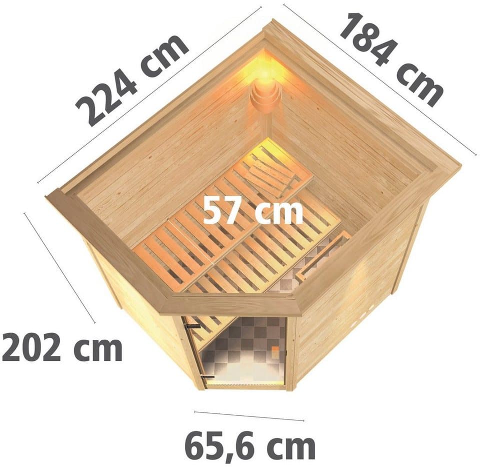 Karibu Sauna Mia (Fronteinstieg), BxTxH: 2240 x 1840 x 2020 cm, 38 mm, Ofen 9 kW Bio externe Strg easy - Thumbnail 11