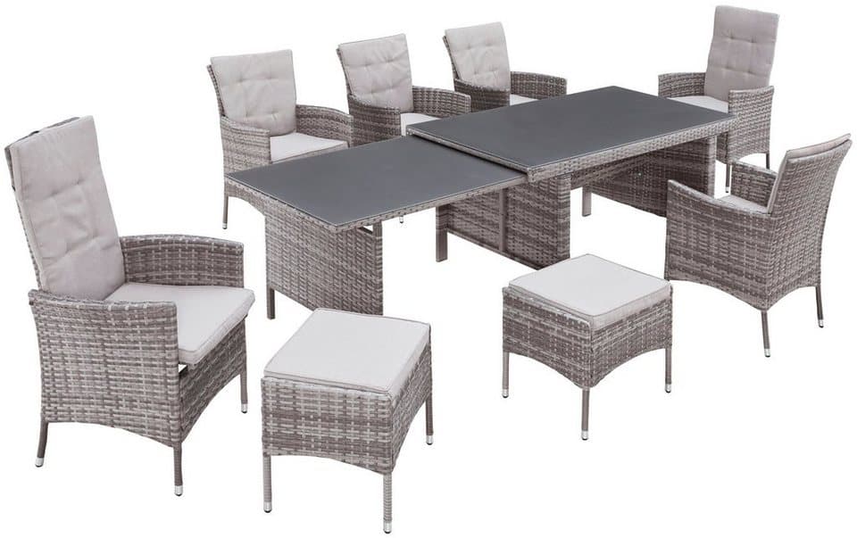 KONIFERA Garten-Essgruppe Parla, (Set, 21-tlg., 6xSessel, 1x AZ-Tisch 150-242,5cm,2x Hocker,inkl. Auflagen, Polyrattan), 2 der 6 Sessel sind verstellbar, Grau, Tischplatte aus Sicherheitsglas - Thumbnail 3