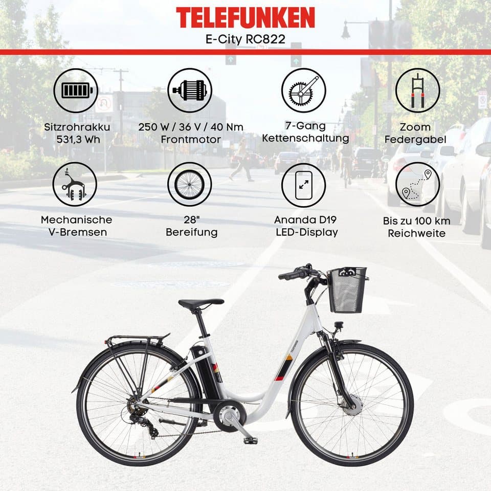 Telefunken E-Bike Cityrad Multitalent RC822, 7 Gang Shimano Tourney Schaltwerk, Kettenschaltung, Frontmotor, 531,3 Wh, (Beleuchtung, Straßenzulassung, ca. 100 km Reichweite, 2 V-Bremsen), Elektrofahrrad, Damen Herren, 28 Zoll, 36,9 V, 531,3 Wh Akku, Pedelec - Thumbnail 5