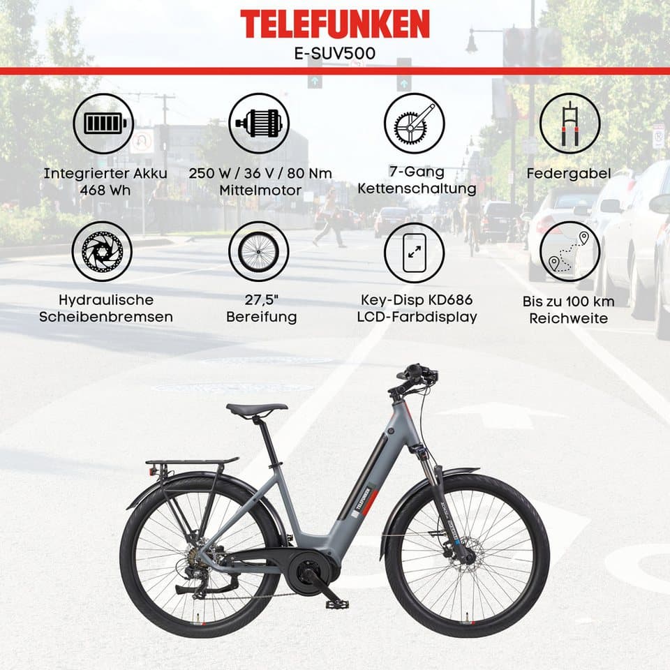 Telefunken E-Bike Cityrad SUV500, 7 Gang Shimano, Kettenschaltung, Mittelmotor, 468 Wh, (27,5 Zoll, Straßenzulassung, Scheibenbremsen), Pedelec, Elektrofahrrad für Damen u. Herren - Thumbnail 5