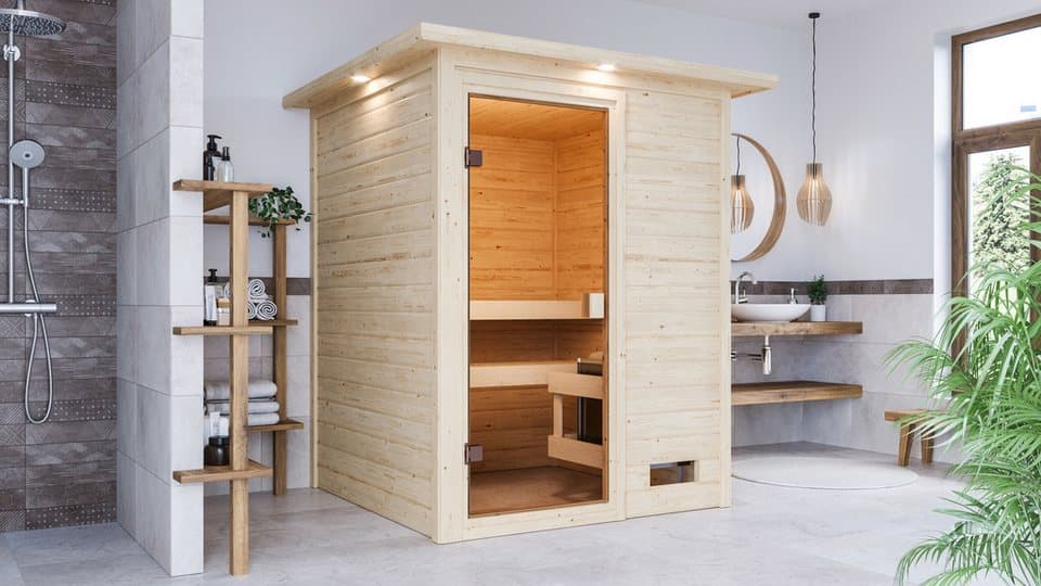Karibu Sauna "Sandy" mit bronzierter Tür und Kranz, naturbelassen, BxTxH: 173 x 159 x 191 cm, 38 mm, aus hochwertiger nordischer Fichte - Bild 1