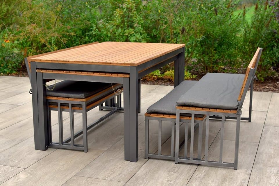 MERXX Garten-Essgruppe Milos, (Set, 10-tlg., 4 Bänke (2x mit und 2x ohne Rückenlehne), 2 Tische, 4 Sitzkissen), Set ist komplett ineinander verstaubar, geeignet für 12 Personen - Thumbnail 5