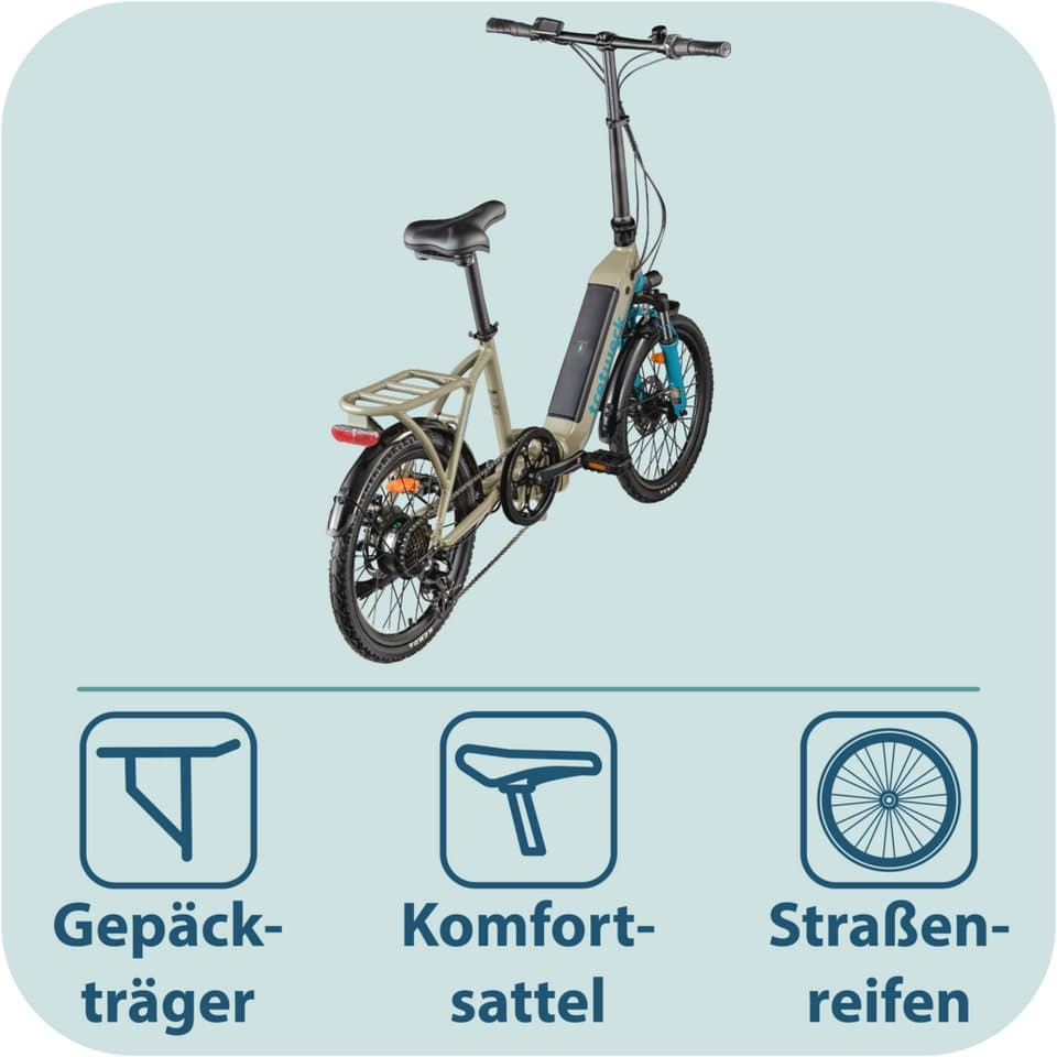 Tretwerk E-Bike Faltrad Camper, 7 Gang Shimano Tourney TY300 Schaltwerk, Kettenschaltung, Heckmotor, 468 Wh - Thumbnail 8