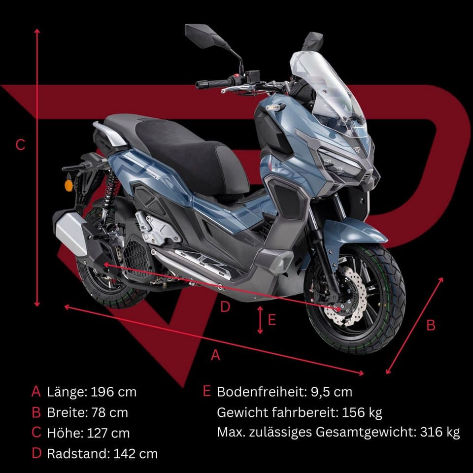 PRIKE Motorroller PRIKE XDV 125, E5+, Adventure, ADV Roller, 125 ccm, 95 km/h, Euro 5+, ABS, Windschutz, Heizgriffe, USB, EFI, digitales Display - Thumbnail 6
