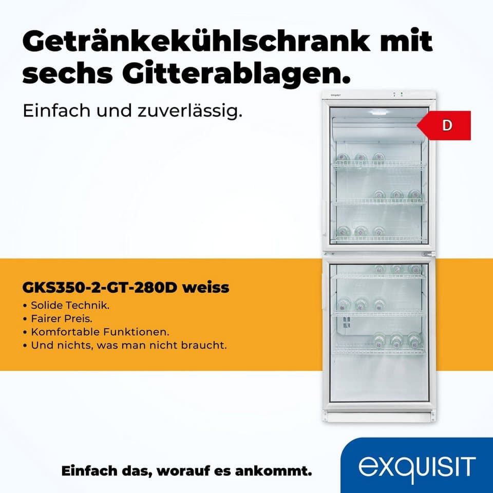 exquisit Getränkekühlschrank GKS350-2-GT-280D weiss, 173 cm hoch, 60 cm breit, 2 Türen für das Entnehmen der Getränke, effizient wenig Kühlverlust - Thumbnail 4