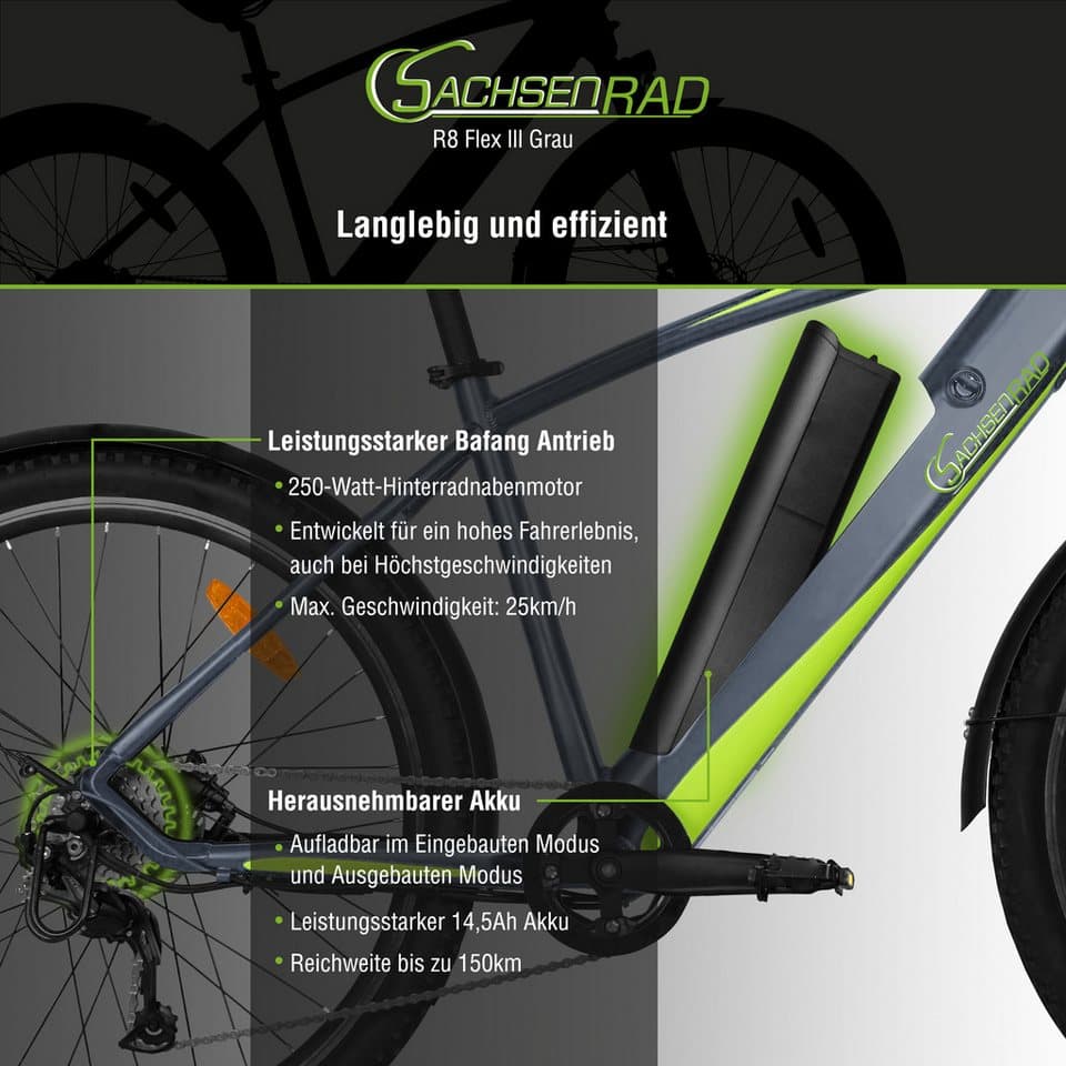 SachsenRAD E-Bike Mountainbike R8 Flex III, 9 Gang Shimano Shimano Altus Schaltwerk, Kettenschaltung, Heckmotor, 520 Wh, (mitgeliefertes, optionales Schutzblech mit integriertem Rücklicht), LCD-Steuerdisplay, Fahrmodus Pedelec, LED- Beleuchtung - Thumbnail 7