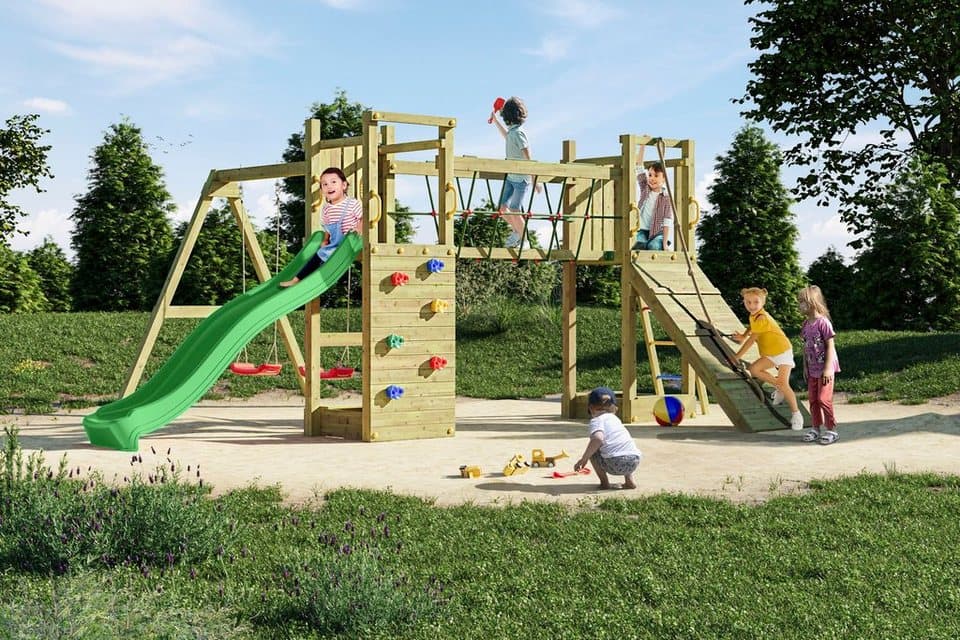 FUNGOO Spielturm Maxi Funny Exposure, Schaukel, Rutsche mit Wasseranschluss, Sandkasten, Brückenverbindung - Bild 1