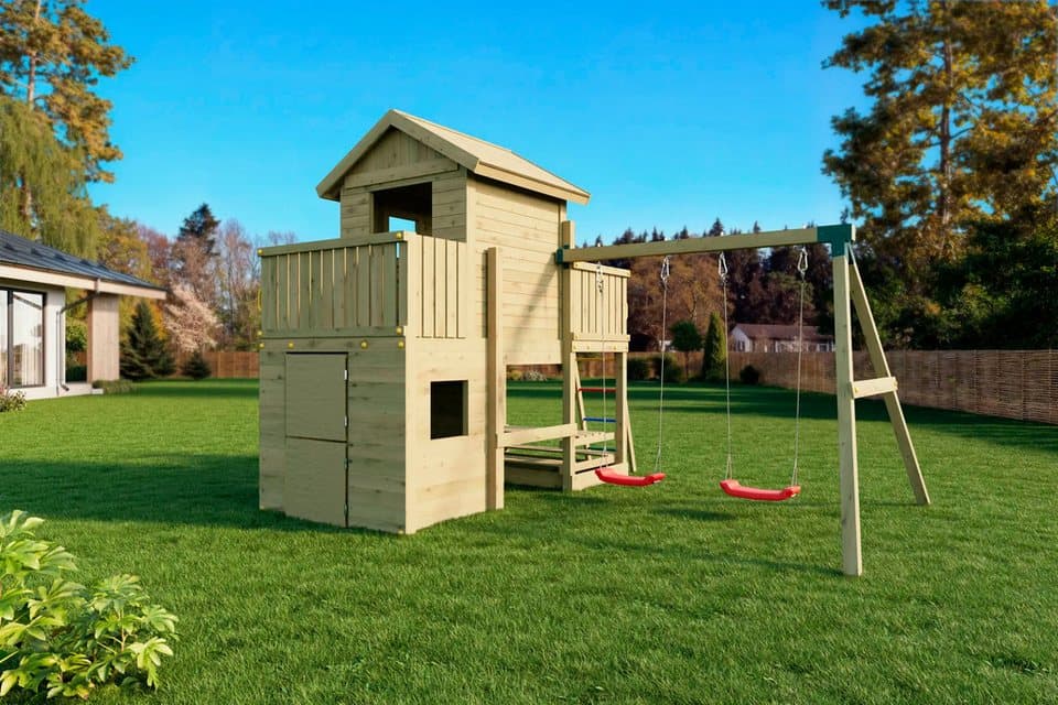 FUNGOO Spielturm Multifort, mit Haus, Veranda, Rutsche und Schaukel, Made in Europe - Thumbnail 5