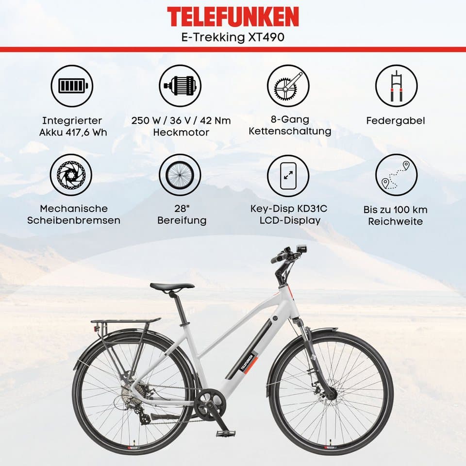 Telefunken E-Bike Trekkingrad E-Trekking Expedition XT490 Damen, 8 Gang Shimano Altus Schaltwerk, Kettenschaltung, Heckmotor, 417,6 Wh, Pedelec, Elektrofahrrad, Damen, innerhalb StVZO, 28 Zoll - Thumbnail 5