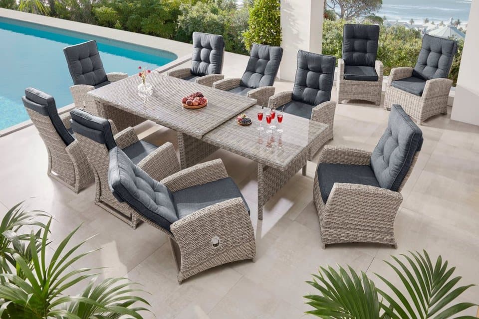 KONIFERA Garten-Essgruppe Monaco, (Set, 31-tlg., 10x Sessel, 1xTisch 200-366x100x75,5cm, inkl. Auflagen, Polyrattan,Alu), Rückenlehne verstellbar, Tischplatte aus 5mm starkem Sicherheitsglas - Thumbnail 21