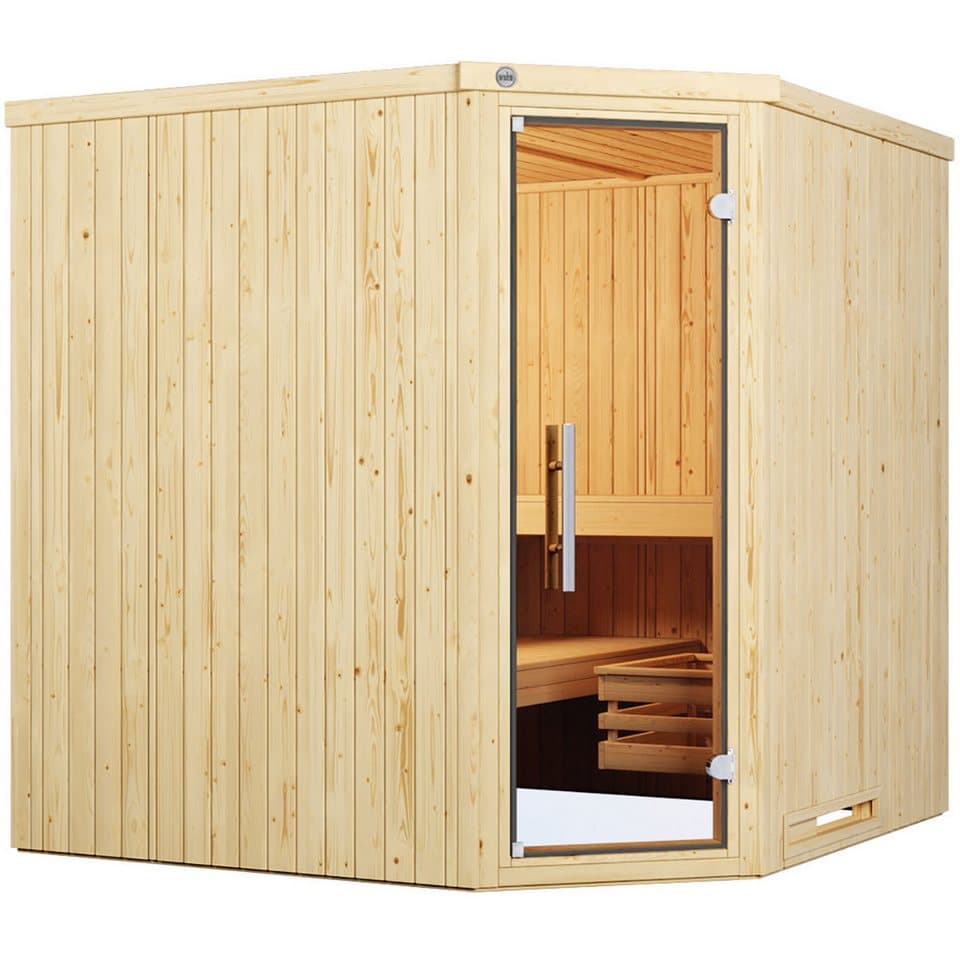 weka Sauna Element-Ecksauna VARBERG 3, BxTxH: 194 x 194 x 199 cm, 38 mm, vorgefertigte Elemente, moderne Ganzglastür - Bild 1