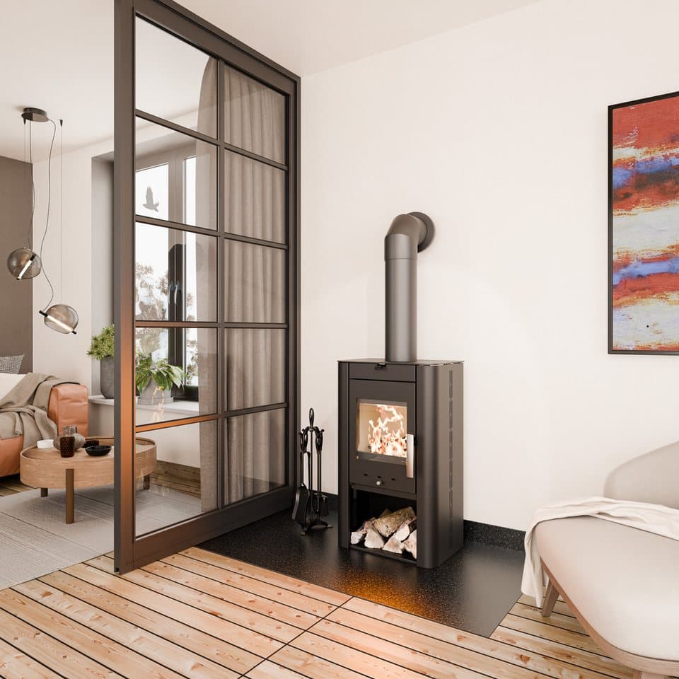 Haas + Sohn Kaminofen PRUNUS II Stahl tief-schwarz, mit Holzfach, 6,4 kW, Zeitbrand - Thumbnail 2