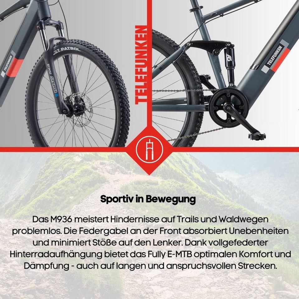 Telefunken E-Bike Mountainbike Aufsteiger M936, 8 Gang Shimano Altus Schaltwerk, Kettenschaltung, Heckmotor, 468 Wh, Pedelec, Elektrofahrrad, Damen, Herren, MTB, Fully - Thumbnail 8