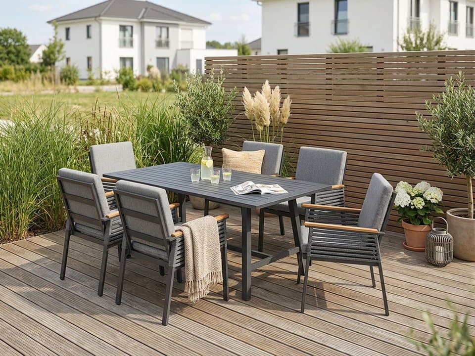 KONIFERA Garten-Essgruppe Edessa, (Set, 19-tlg., 6x Sessel, 6x Sitzauflagen, 6x Rückenauflagen,1x Tisch), Tischplatte aus Alu-Lamellen,Armlehne mit Seilgeflecht&Noonwood-Latten