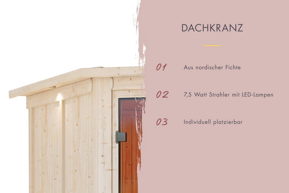 Karibu Sauna "Sandy" mit bronzierter Tür und Kranz, Ofen 9 kW, naturbelassen, BxTxH: 173 x 159 x 191 cm, 38 mm, aus hochwertiger nordischer Fichte und 9 kW Ofen mit integr. Steuerung - Thumbnail 4