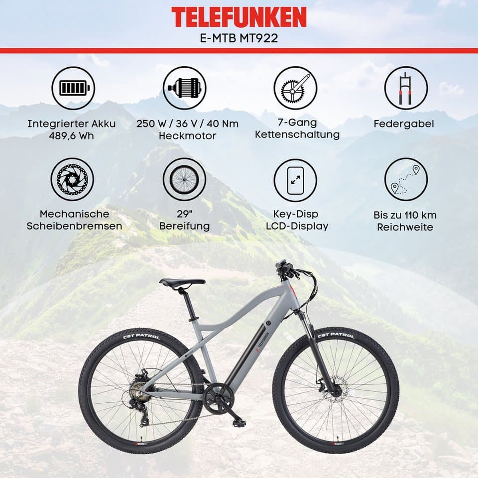 Telefunken E-Bike Mountainbike Aufsteiger MT922, 7 Gang Shimano TY300D Schaltwerk, Kettenschaltung, Heckmotor, 489,6 Wh, Pedelec, Elektrofahrrad, Damen u. Herren, E-MTB, Mountainbike, 29 Zoll - Thumbnail 5