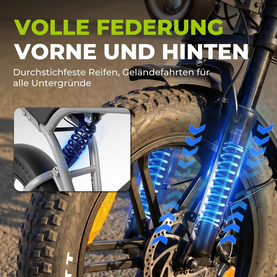 Vankel E-Bike Cityrad E6-2.0 Elektrofahrrad 20” x 4 Damen u. Herren Pedelec 720Wh Max.108KM, 7 Gang Shimano, Kettenschaltung, Heckmotor, 720 Wh, (mit Akku-Schlüssel, Beleuchtungsset, mit Akku-Ladegerät, mit Werkzeug), Pedelec, Elektrofahrrad E-Mountainbike für Erwachsene, E-bikes - Thumbnail 8