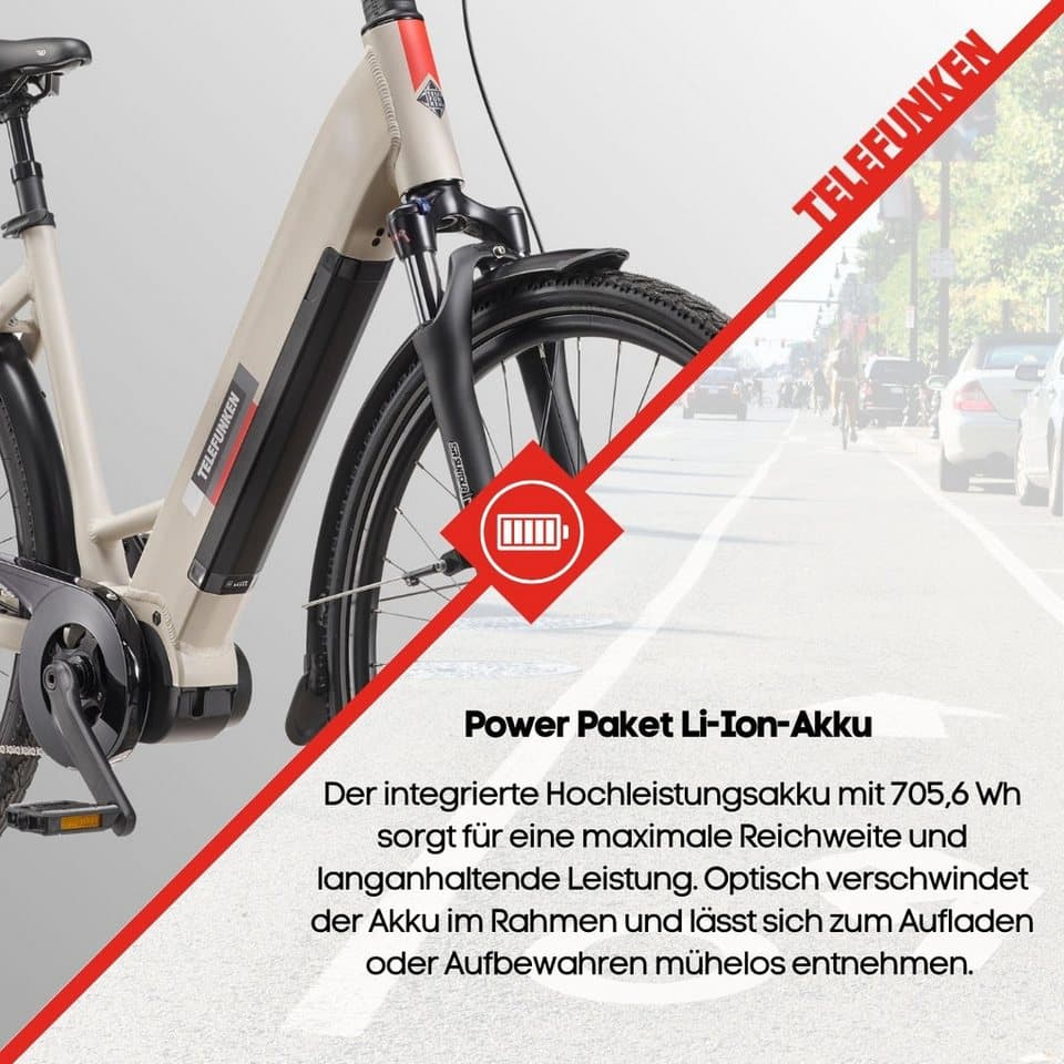 Telefunken E-Bike Cityrad Multitalent RC680, 10 Gang Shimano, Kettenschaltung, Mittelmotor, 705,6 Wh, (28 Zoll, Straßenzulassung, Scheibenbremsen), Pedelec, Elektrofahrrad für Damen u. Herren - Thumbnail 8
