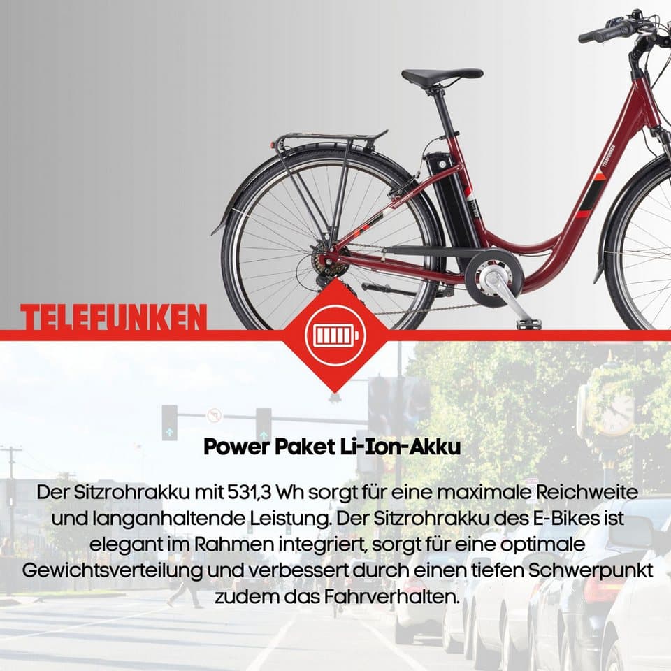 Telefunken E-Bike Cityrad Multitalent RC822, 7 Gang Shimano Tourney Schaltwerk, Kettenschaltung, Frontmotor, 531,3 Wh, (Beleuchtung, Straßenzulassung, ca. 100 km Reichweite, 2 V-Bremsen), Elektrofahrrad, Damen Herren, 28 Zoll, 36,9 V, 531,3 Wh Akku, Pedelec - Thumbnail 4
