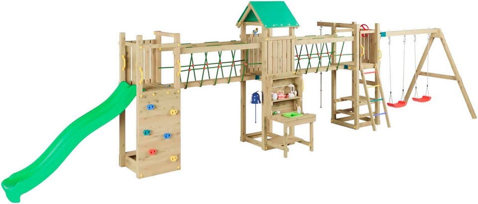 FUNGOO Spielturm Maxi Funny Space Longer, mit Rutsche, Doppelschaukel, Kletterwand, Picknicktisch; Made in Europe - Bild 1