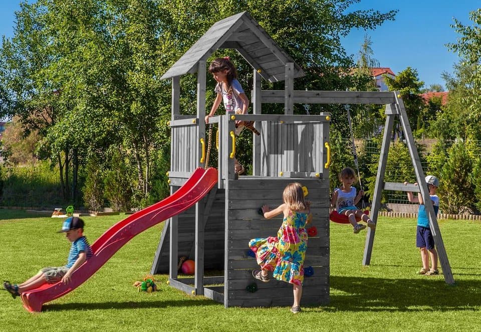 FUNGOO Spielturm CAROL 3 GREY, mit Schaukel & Rutsche, Kletterwand, Kletterfalle - Bild 1