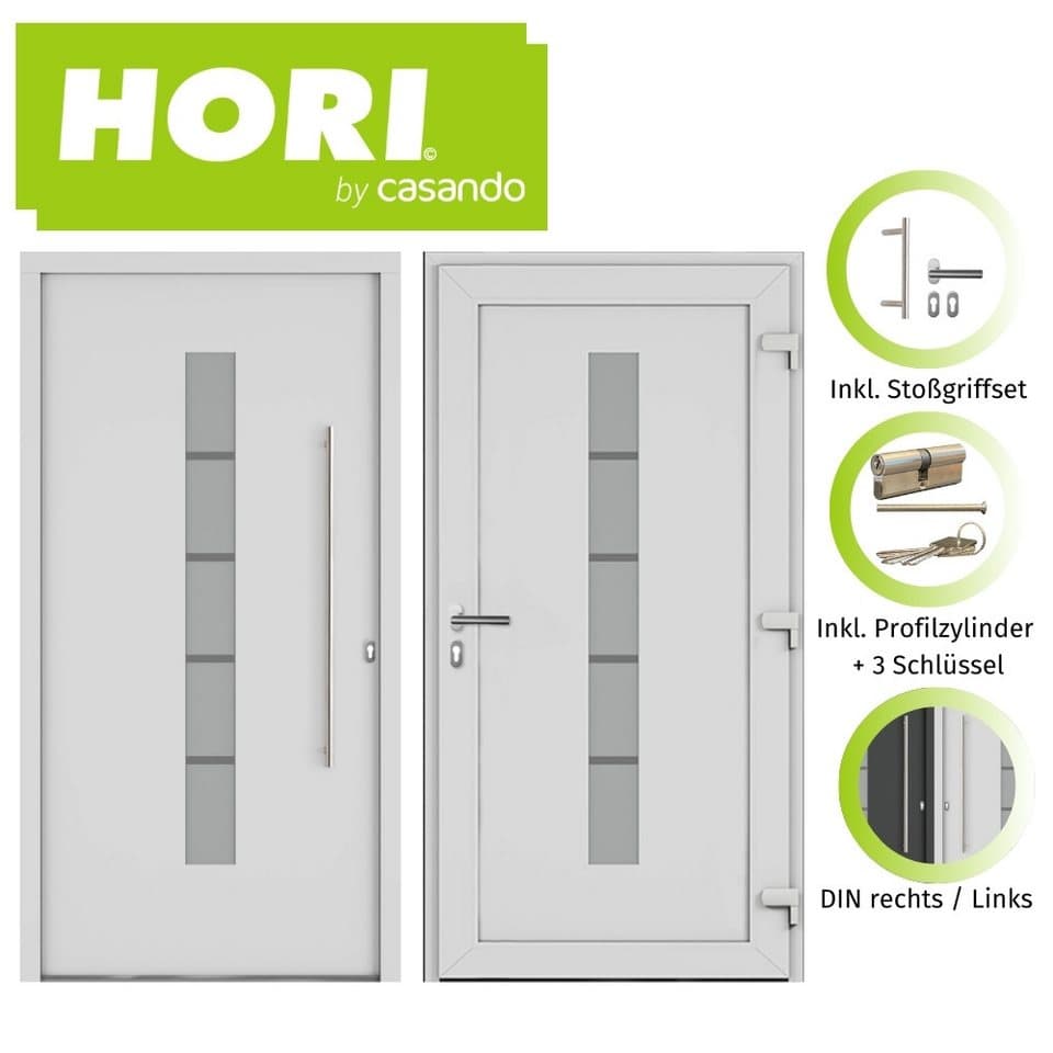 HORI Haustür HORI Haustür Safety Chain, Aluminium Kunststoff,Eingangstür (Schalldämmung, Robust, Einfache Montage, Wärmeschutz, Sonnenschutz), 1000 x 2000 mm, weiß, DIN links, Safety Chain