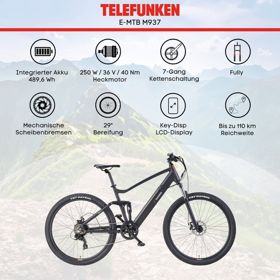 Telefunken E-Bike Mountainbike Aufsteiger M937, 7 Gang Shimano TY300D Schaltwerk, Kettenschaltung, Heckmotor, 489,6 Wh, Pedelec, Elektrofahrrad, Damen u. Herren, E-MTB, Mountainbike, 29 Zoll - Thumbnail 5