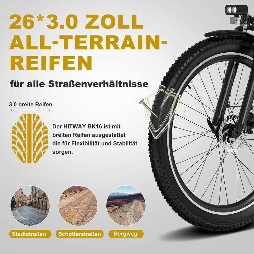 HITWAY E-Bike Pedelec 26 *3,0 zoll Elektrofahrrad mit Samsung 48V18Ah Akku bis zu 120km, 7 Gang shimano shimano Schaltwerk, Kettenschaltung, Heckmotor, 864 Wh, StVZO Pedelec, Tiefeinstieg für Damen Herren mit APP Funktion - Thumbnail 4