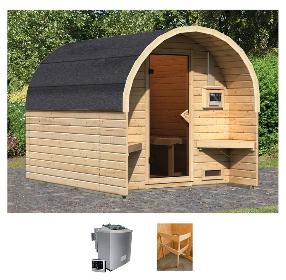 Karibu Fasssauna Fasshaus 2, BxTxH: 219 x 295 x 229 cm, 40 mm, (Set, 2-St) Ofen 9 kW Bio externe Strg easy