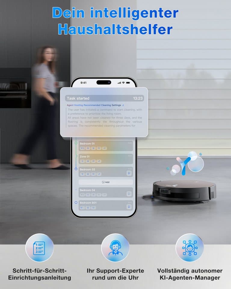 ECOVACS Saugroboter mit Wischfunktion DEEBOT X11 OmniCyclone, 19.500 Pa, 18 l/s Luftstrom, 110 W, beutellos, Schnellladefunktion, Wischrolle, beutellos - Thumbnail 10