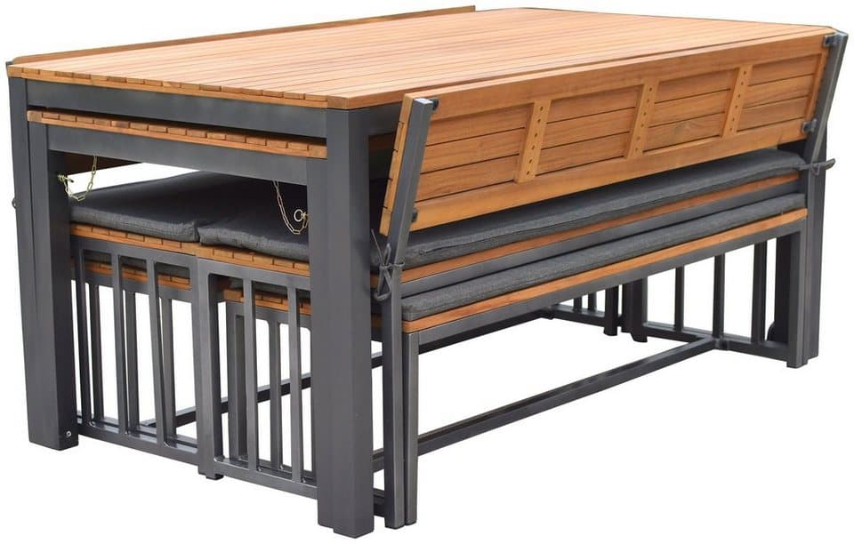 MERXX Garten-Essgruppe Milos, (Set, 10-tlg., 4 Bänke (2x mit und 2x ohne Rückenlehne), 2 Tische, 4 Sitzkissen), Set ist komplett ineinander verstaubar, geeignet für 12 Personen - Bild 1