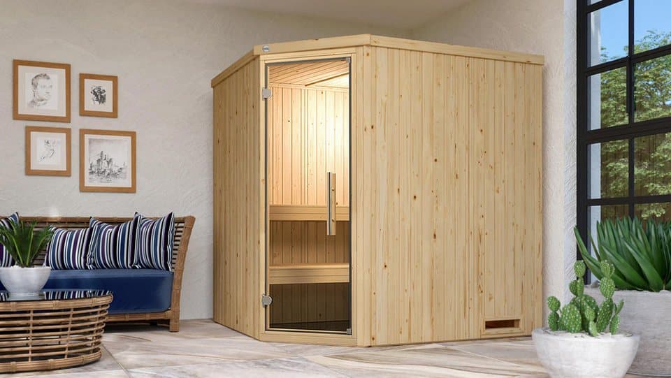 weka Sauna Element-Ecksauna VARBERG 2, BxTxH: 194 x 177 x 199 cm, 68 mm, vorgefertigte Elemente, Eckeinstieg, moderne Ganzglastür - Thumbnail 2