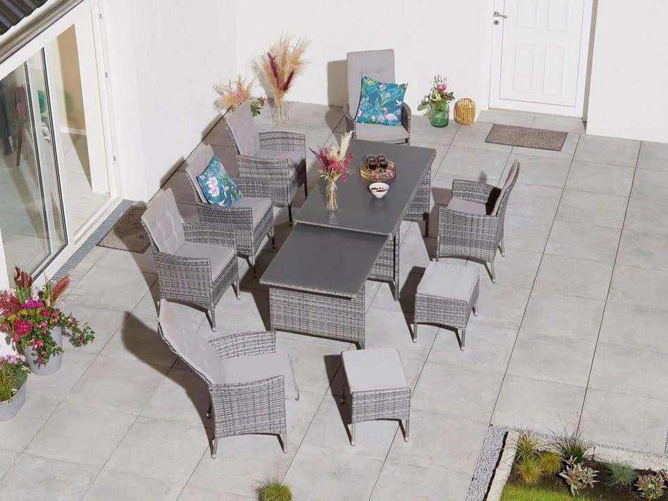 KONIFERA Garten-Essgruppe Parla, (Set, 21-tlg., 6xSessel, 1x AZ-Tisch 150-242,5cm,2x Hocker,inkl. Auflagen, Polyrattan), 2 der 6 Sessel sind verstellbar, Grau, Tischplatte aus Sicherheitsglas - Thumbnail 24