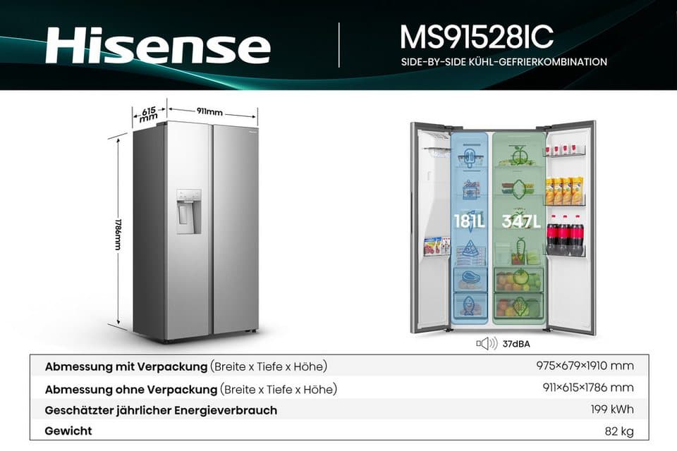 Hisense Side-by-Side MS91528IC, 178,6 cm hoch, 91,1 cm breit, mit Wasser-/Eisspender, kein Festwasseranschluss dank Tank - Thumbnail 18