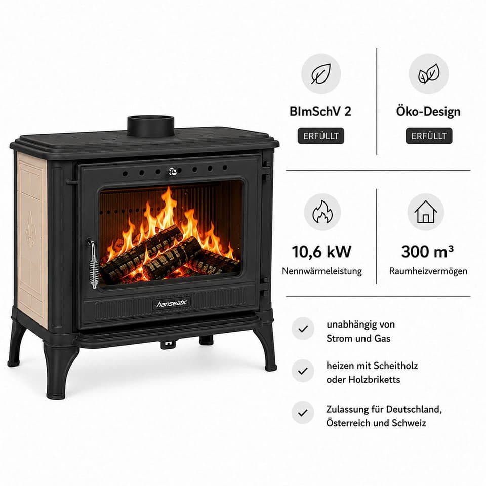 Hanseatic Kaminofen Castor XXL Beige, 10,6 kW, Zeitbrand, Großer Feuerraum - Thumbnail 5