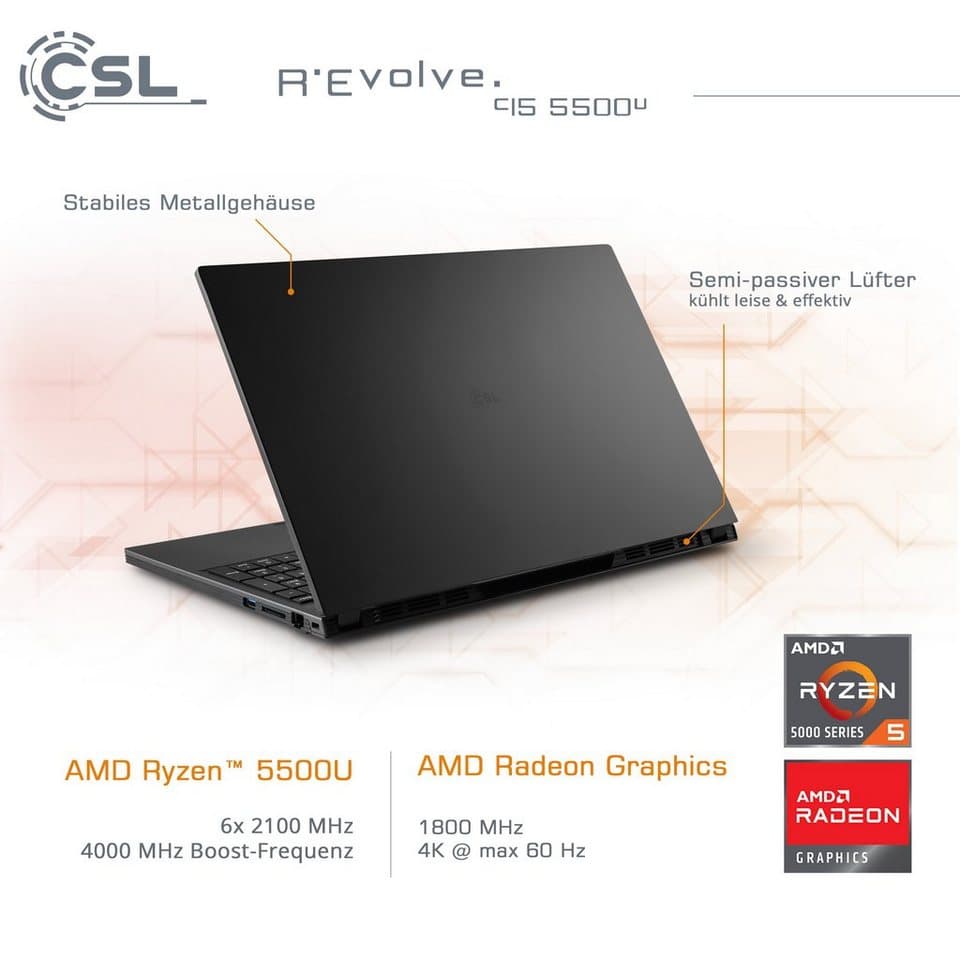 CSL R'Evolve C15 5500U / 32GB / 4000GB / Windows 11 Home Notebook (39,6 cm/15,6 Zoll, AMD Ryzen 5 5500U, Radeon Graphics, 32 GB, 4000 GB SSD) - Thumbnail 4