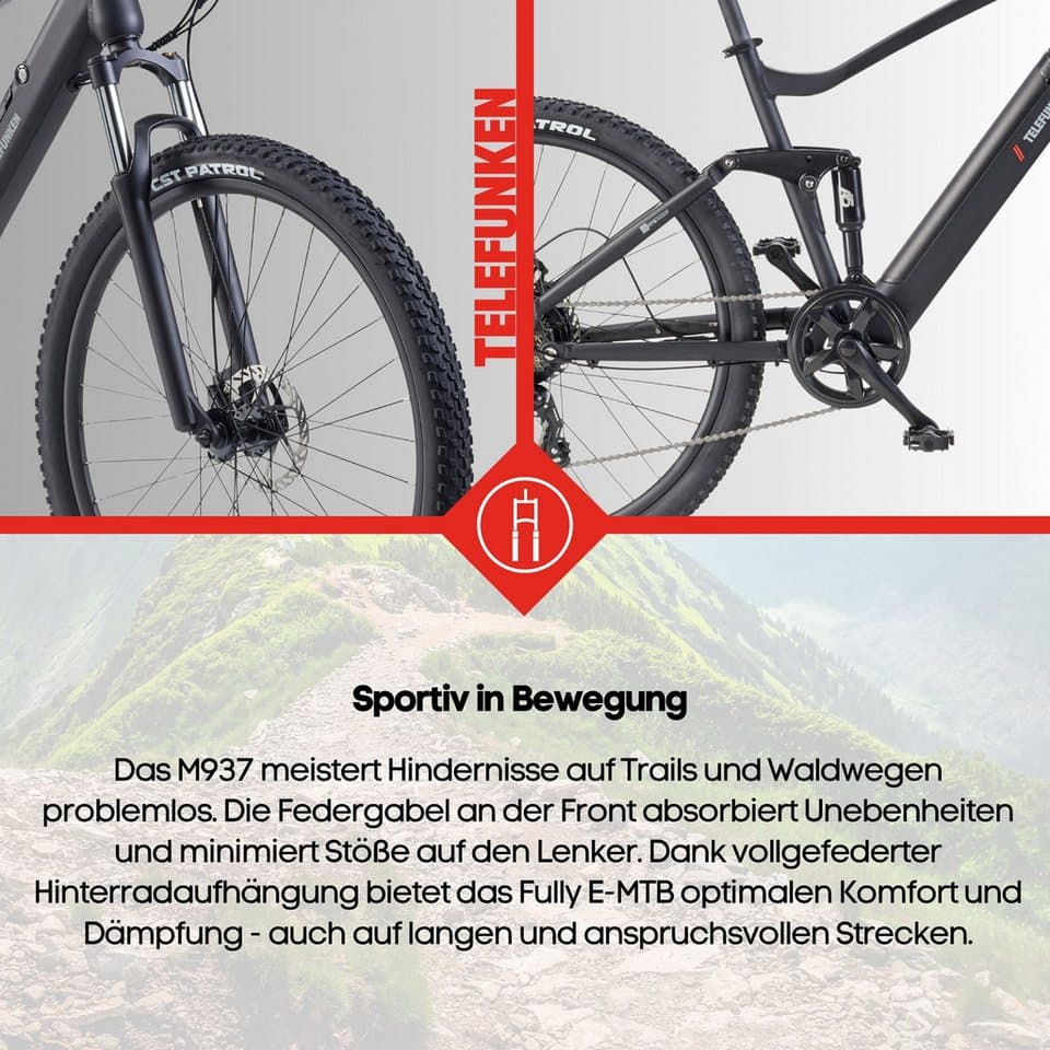 Telefunken E-Bike Mountainbike Aufsteiger M937, 7 Gang Shimano TY300D Schaltwerk, Kettenschaltung, Heckmotor, 489,6 Wh, Pedelec, Elektrofahrrad, Damen u. Herren, E-MTB, Mountainbike, 29 Zoll - Thumbnail 8