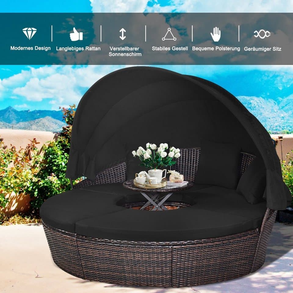 COSTWAY Sonneninsel mit einziehbarem Dach, outdoor, Gatrenlounge Rattan, Kissen, rund - Thumbnail 4